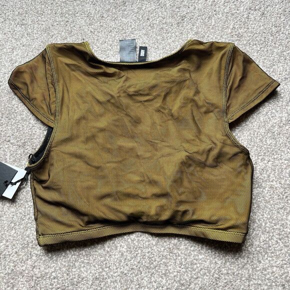 DKNY SWIM sz L Mesh Overlay Army Green Black Modest Cap Sleeve Crop Cumin - Picture 3 of 7